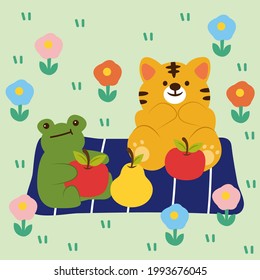 Frogs and tigers are invited to have a picnic at the village park. blue hooded tiger Frogs bring fruit to share. The floor is full of beautiful flowers