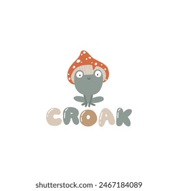 Frogs in a toadstool mushroom cap with bubble lettering croak. Cute cartoon characters in a simple hand drawn style. The limited vintage palette is perfect for babywear