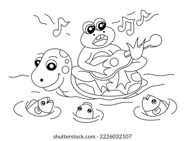 Frösche, Schildkröten, gesang gefärbte Fischfärbungsseite oder Buch für Kinder-Vektorgrafik
