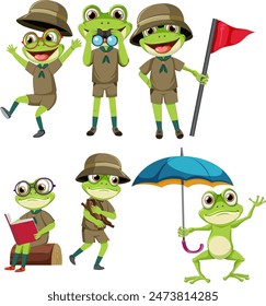 Frogs in various scout activities and poses