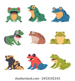 Frogs vector cartoon set isolated on a white background.