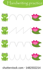 Frogs and water lilies, handwriting practice sheet, kids preschool activity, educational children game, printable worksheet, writing training, vector illustration