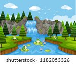 Frogs in waterfall scene illustration