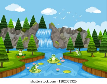 Frogs in waterfall scene illustration
