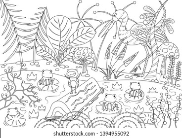 The frogs who desired a king vector illustration. Aesop's fables. Stork and frogs in the jungle pond. Fairy tale book illustration. Story book coloring page. 