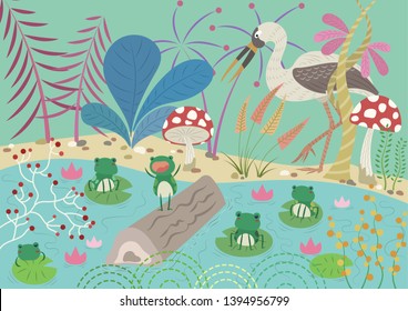 The frogs who desired a king vector illustration. Aesop's fables. Stork and frogs in the jungle pond. Fairy tale book illustration. 