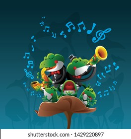 Frogs who are playing music and singing together.
On the night before rain, and the dark blue background of the night sky.