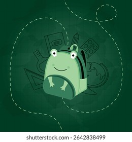  Frog-Themed School Backpack for Kids on Graph Paper Background – with School Supplies – Back to School Illustration