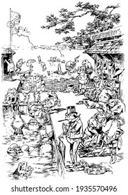 Frog-Town, this scene shows frogs, some frogs jumping in the water, some frogs are swimming, some frogs sitting outside the water, one frog wore dress and smoking,  vintage line drawing or engraving