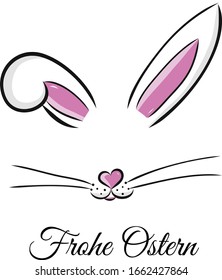 Frohe Ostern. Dibujo vectorial lindo conejito de Pascua dibujado a mano. Cara conejita, orejas y ampollas diminutas con whiskys aislados en fondo blanco. Feliz tarjeta de felicitación de Pascua