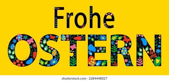 Frohe Ostern German alphabet letters. Happy Easter Decorated Letters Sign, Bunny with Painted Egg Cute Cartoon Illustration. Happy Easter Ostern Banner Vector Illustration Gothic Dark Mode. 