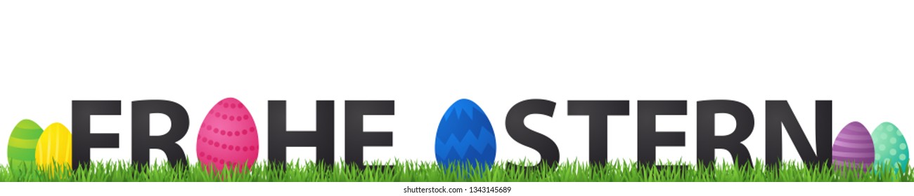 FROHE OSTERN, German for Happy Easter, black lettering with colorful Easter Eggs on grass, horizontal banner isolated on white background