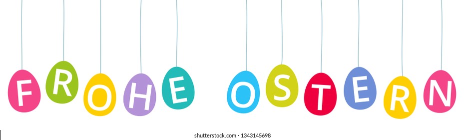 FROHE OSTERN, German for Happy Easter, colorful Easter Eggs, each suspended on a thread, horizontal banner isolated on white background