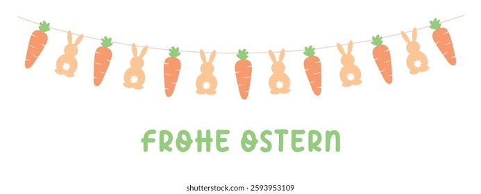 Frohe Ostern, German Happy Easter card with hanging bunnies and carrots garland, panoramic vector illustration