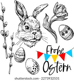 Frohe Ostern, el texto alemán Happy Easter - conjunto de logotipos, tarjeta de saludo o banner web. Colección de vacaciones de Pascua. Dibujo de mano