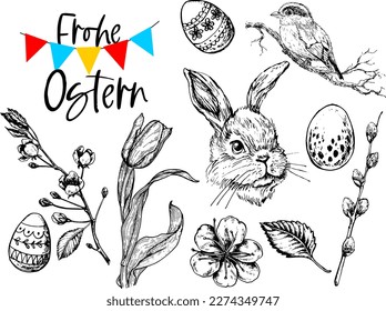 Frohe Ostern, el texto alemán Happy Easter - conjunto de logotipos, tarjeta de saludo o banner web. Colección de vacaciones de Pascua. Dibujo de mano