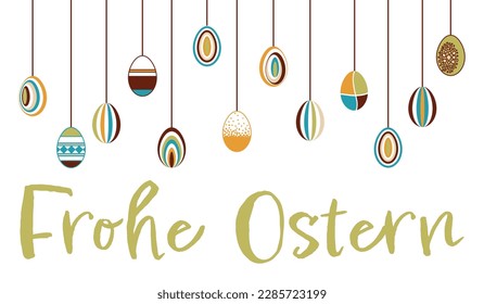 Frohe Ostern - Texto alemán - Feliz Pascua. Gráfico vectorial con coloridos huevos colgantes de Pascua en estilo retro. 