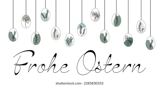 Frohe Ostern - Deutscher Text - Frohe Ostern. Grußbanner mit hängenden Ostereiern mit modernem Blumendekor.