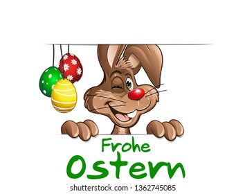 frohe Ostern happy easter bunny smiling eggs green red yellow