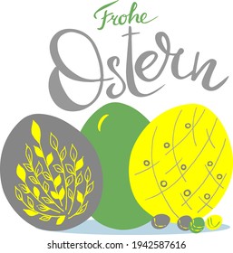 Frohe Ostern es Feliz Pascua en alemán. Huéspedes coloreados de Pascua hechos a mano con letras 