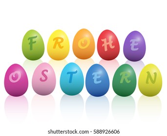 FROHE OSTERN - Happy Easter in german language - written with colorful easter eggs. Isolated vector illustration on white background.