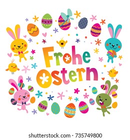 Frohe Ostern - Happy Easter in German greeting card with cute bunnies