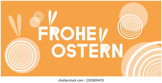 Frohe Ostern - Happy Easter hand drawn calligraphy, written in German, on yellow background. Flat vector illustration for Easter design and decoration, cards, posters, greetings, invitations, web.