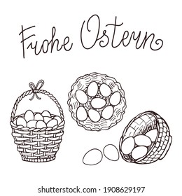 Frohe Ostern. Happy Easter hand lettering in german language. Set of Easter baskets with easter eggs. Template for greeting card, banner, poster, print, package design. Hand Drawn vector illustration.