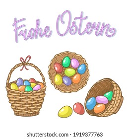 Frohe Ostern. Letras con la mano de Pascua feliz en alemán. Juego de canastos de Pascua con huevos de Pascua. Plantilla para tarjeta de saludo, banner, afiche, impresión, diseño de paquete. Ilustración vectorial dibujada a mano.