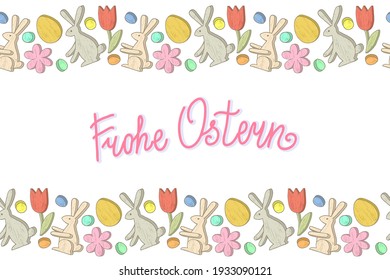 Frohe Ostern. Letras con la mano de Pascua feliz en alemán. Plantilla de borde con decoración de madera de Pascua. Plantilla para tarjeta de saludo, banner, afiche, diseño de paquete. Ilustración vectorial dibujada a mano.