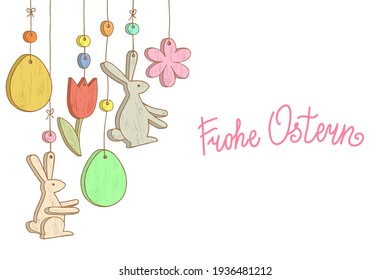 Frohe Ostern. Happy Easter hand lettering in german language. Easter wooden decorations. Template for greeting card, banner, poster, packaging. Hand Drawn vector illustration.