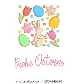 Frohe Ostern. Happy Easter hand lettering in german language. Easter wooden decorations. Template for greeting card, banner, poster, package design. Hand Drawn vector illustration.