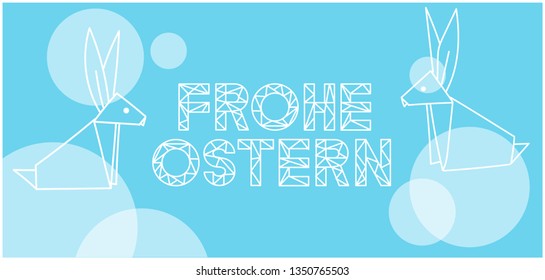 Frohe Ostern - Happy Easter lettering, written in German, on pale blue background. Flat vector illustration with bunnies for Easter design and decoration, cards, invitations, greetings, posters, web.