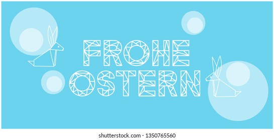 Frohe Ostern - Happy Easter lettering, written in German, on pale blue background. Flat vector illustration with bunnies for Easter design and decoration, cards, posters, greetings, invitations, web.