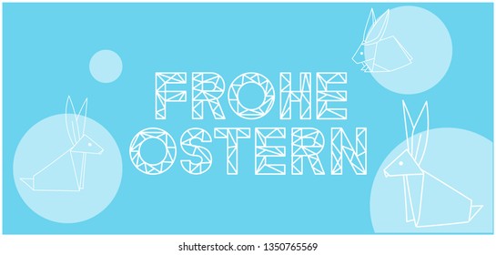 Frohe Ostern - Happy Easter lettering, written in German, on pale blue background. Flat vector illustration with bunnies for Easter design and decoration, greetings, invitations, cards, posters, web.