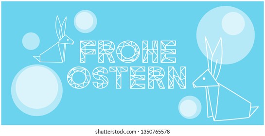 Frohe Ostern - Happy Easter lettering, written in German, on pale blue background. Flat vector illustration with bunnies for Easter design and decoration, cards, greetings, invitations, posters, web.