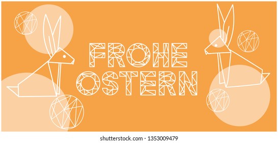 Frohe Ostern - Happy Easter lettering, written in German, on yellow background. Flat vector illustration with bunnies for Easter design and decoration, cards, posters, greetings, invitations, web. 