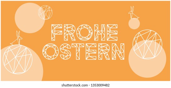 Frohe Ostern - Happy Easter lettering, written in German, on yellow background. Flat vector illustration with bunnies for Easter design and decoration, cards, greetings, invitations, posters, web. 