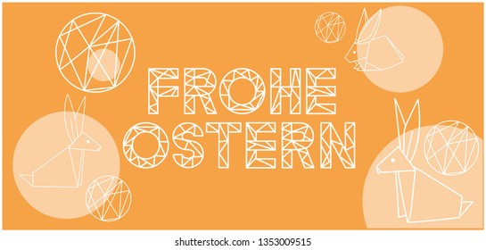 Frohe Ostern - Happy Easter lettering, written in German, on yellow background. Flat vector illustration with bunnies for Easter design and decoration, invitations, greetings, cards, posters, web. 