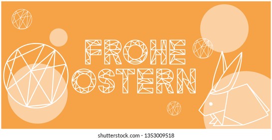 Frohe Ostern - Happy Easter lettering, written in German, on yellow background. Flat vector illustration with bunny for Easter design and decoration, cards, invitations, greetings, posters, web. 