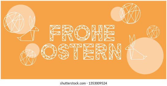 Frohe Ostern - Happy Easter lettering, written in German, on yellow background. Flat vector illustration with bunnies for Easter design and decoration, cards, posters, invitations, greetings, web. 