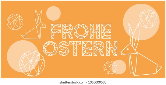 Frohe Ostern - Happy Easter lettering, written in German, on yellow background. Flat vector illustration with bunnies for Easter design and decoration, cards, invitations, greetings, posters, web. 