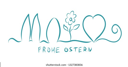 Frohe Ostern. Happy Easter on German. Vector illustration banner. Egg, heart, bunny