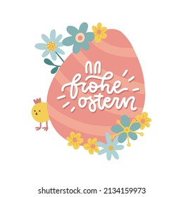 Frohe Ostern - Frohe Ostertexte in deutscher Sprache auf großen Paschaleiern mit Frühlingsblumen. Vektorflache, handgezeichnete Illustration für Grußkarten.