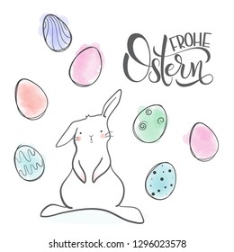 Frohe Ostern lettering. Cute rabbit in cartoon style. Happy Easter on german. Vector illustration. Elements for greeting card, poster, banners. T-shirt, notebook and sticker design