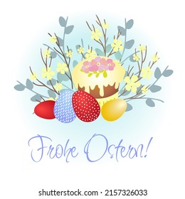 Frohe Ostern lettering. Easter wreath with Easter eggs, chocolate rabbit, flowers and branches on white background. Decorative frame with violet elements. Unique design for your greeting cards, banner