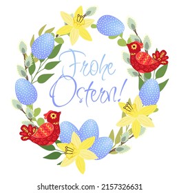 Frohe Ostern lettering. Easter wreath with Easter eggs, red birds, flowers and branches on white background. Decorative frame with violet elements. Unique design for your greeting cards, banners, flye