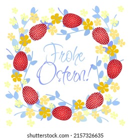 Frohe Ostern lettering. Easter wreath with Easter eggs, flowers and branches on white background. Decorative frame with violet elements. Unique design for your greeting cards, banners, flyers. Vector