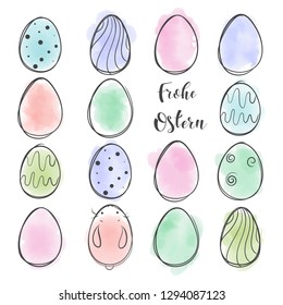 Frohe Ostern lettering. Happy Easter on german. Hand drawn lettering. Vector illustration. Elements for greeting card, poster, banners. T-shirt, notebook and sticker design