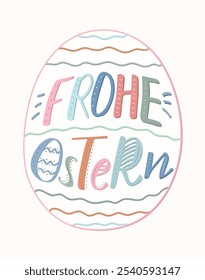 "Frohe Ostern" lettering inscribed in Easter egg, German Happy Easter greeting. Modern brush ink calligraphy. The letters are decorated with dots and lines, like easter eggs. Colored isolated text.